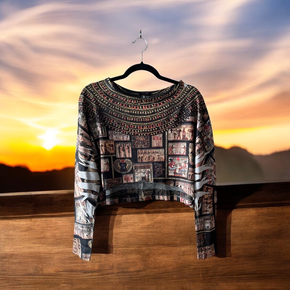 Blush Black/Brown/Beige/Mixed Egyptian Theme Artsy Print Knit Cropped Top - Picture 16 of 16